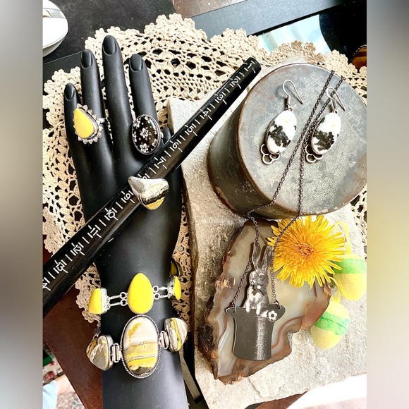 Spectacular 925 Fall Jewelry Yellow Turquoise Bumblebee Sterling Jewelry VTG - Picture 3 of 16